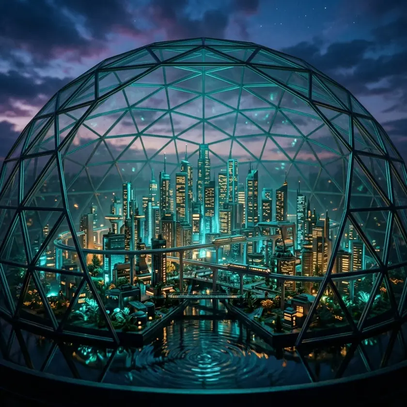 A glass dome holding a glowing city, generated in Vision Studio
